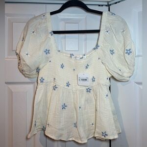Altar'd State Cream Top with Blue Floral Embroidery